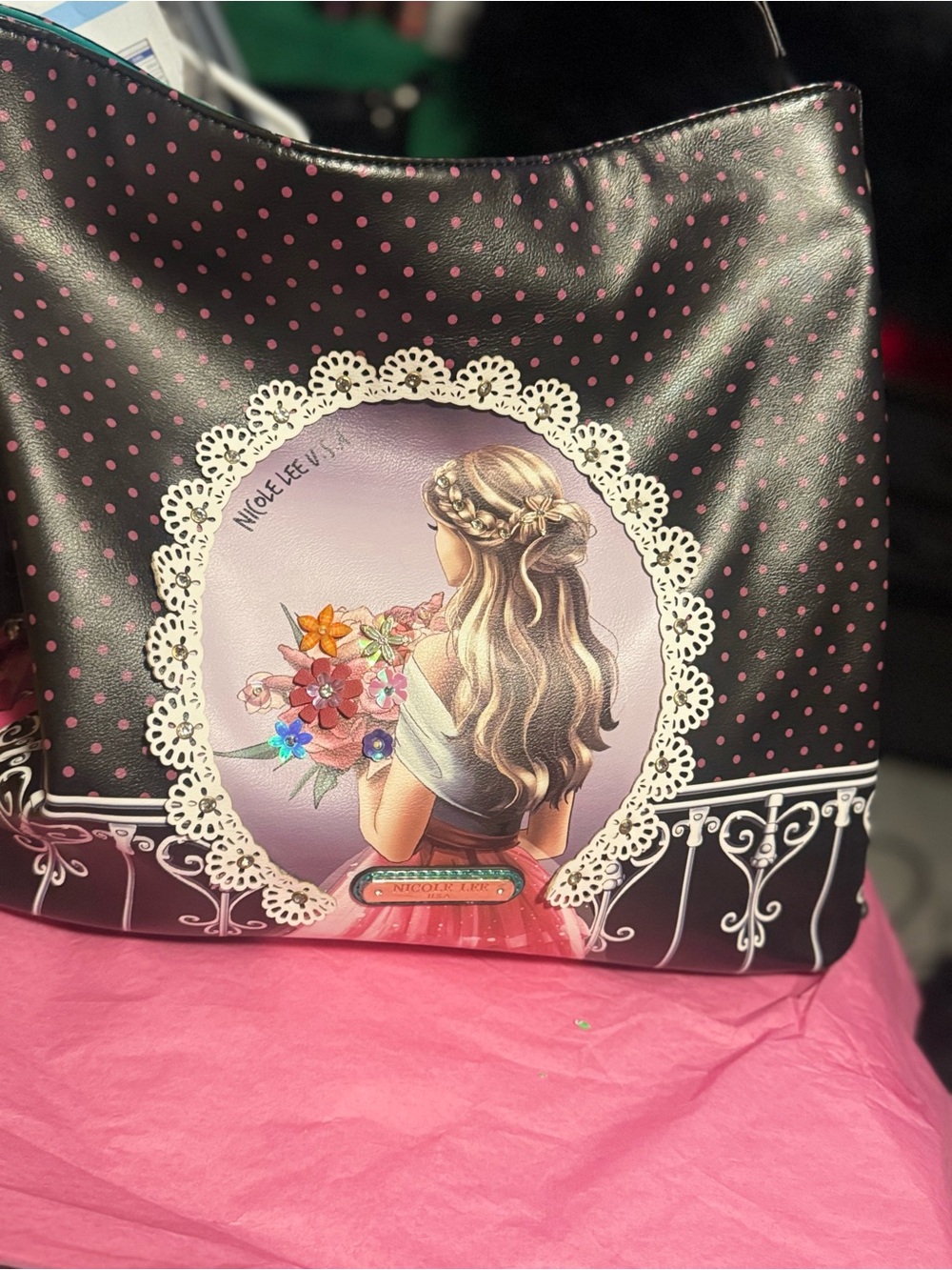 Nicole Lee waiting for you Black & Pink Polka Dot Tote with Floral Girl Portrait